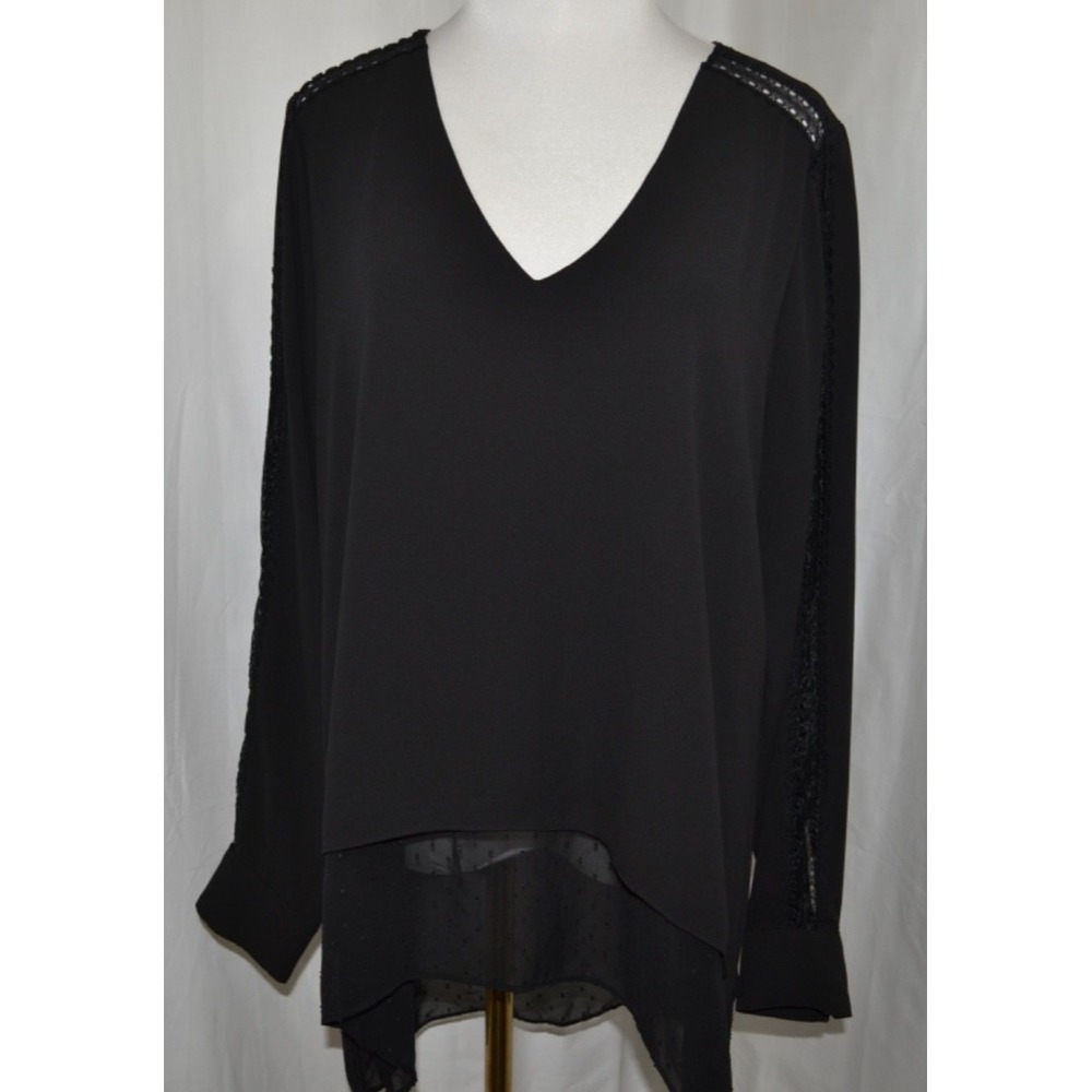 White House Black Market Black‎ Blouse Lace Sheer Long Sleeve Size L